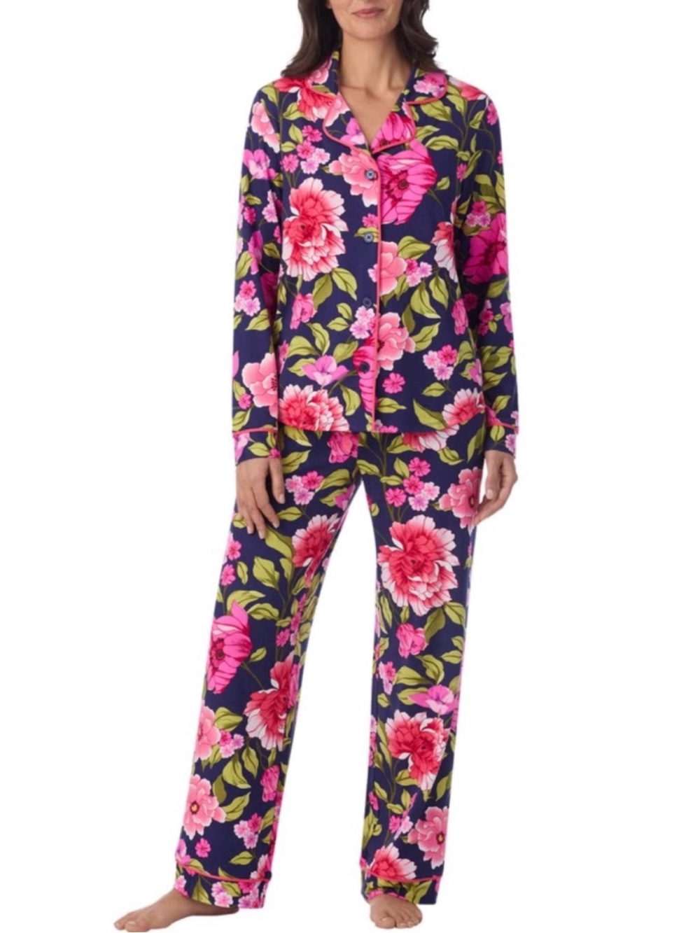 Room Service notch collar Bright Floral pajama set XL Navy Pink Long sleeves NWT
